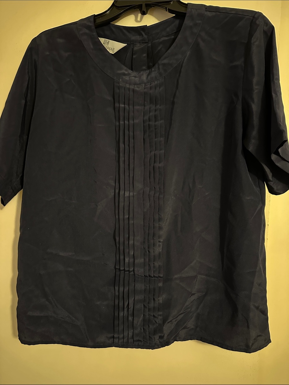 Pleated Front Navy Women's Blouse - Lightweight Short Sleeve